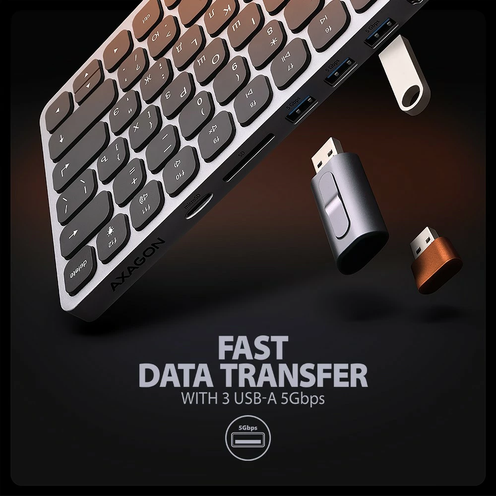 Tipkovnica z USB-C hub 9-v-1, cirilična postavitev, 60 cm, siva, AXAGON HMC-KB-CRL