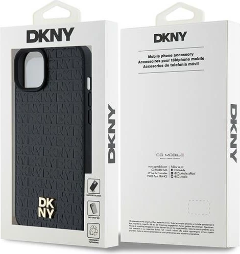 Zaščitni ovitek z monogram vzorcem DKNY, kovinski logotip, MagSafe za iPhone 15 Plus / 14 Plus, črn