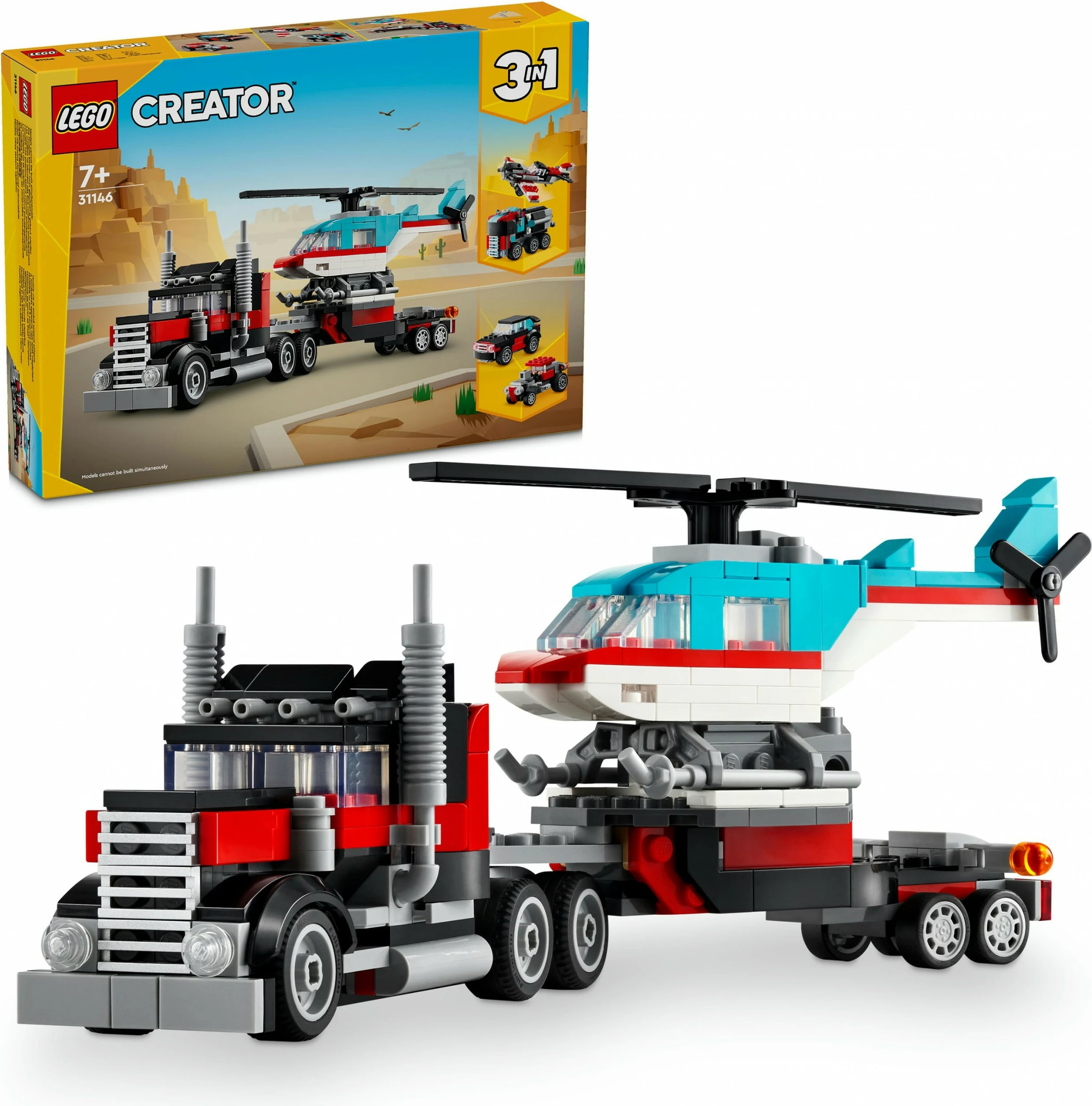 Set za gradnjo LEGO Creator 3 v 1, tovornjak s platformo in helikopter, 270 kosov, večbarven