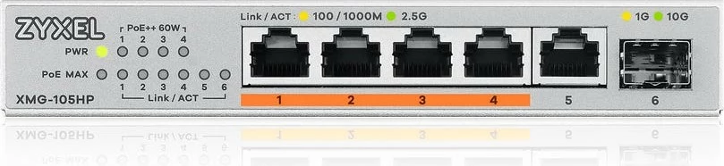 Stikalo Zyxel XMG-105HP, 2.5G Ethernet, PoE, srebrno