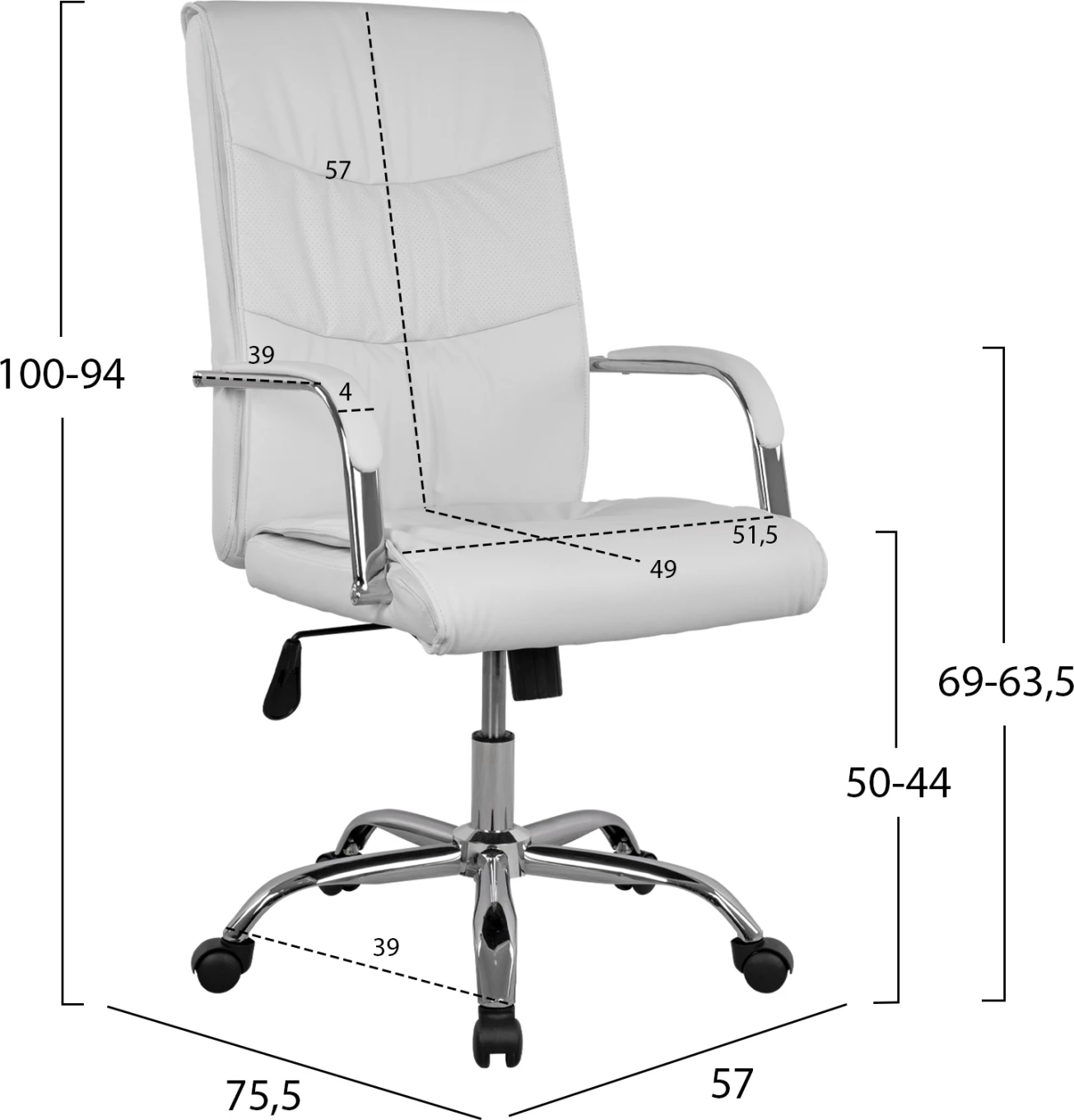 Direktorski pisarniški stol bele barve s kromirano osnovo Jacob FH1044.12 57x75,5x100 cm