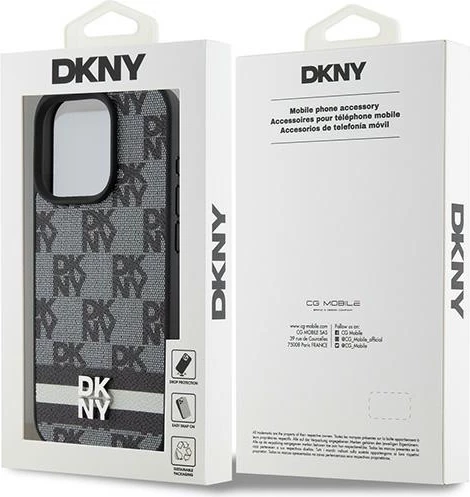 Zaščitni ovitek DKNY usnje s črno-belim karo vzorcem in tiskanimi črt za iPhone 15 Pro Max, črn