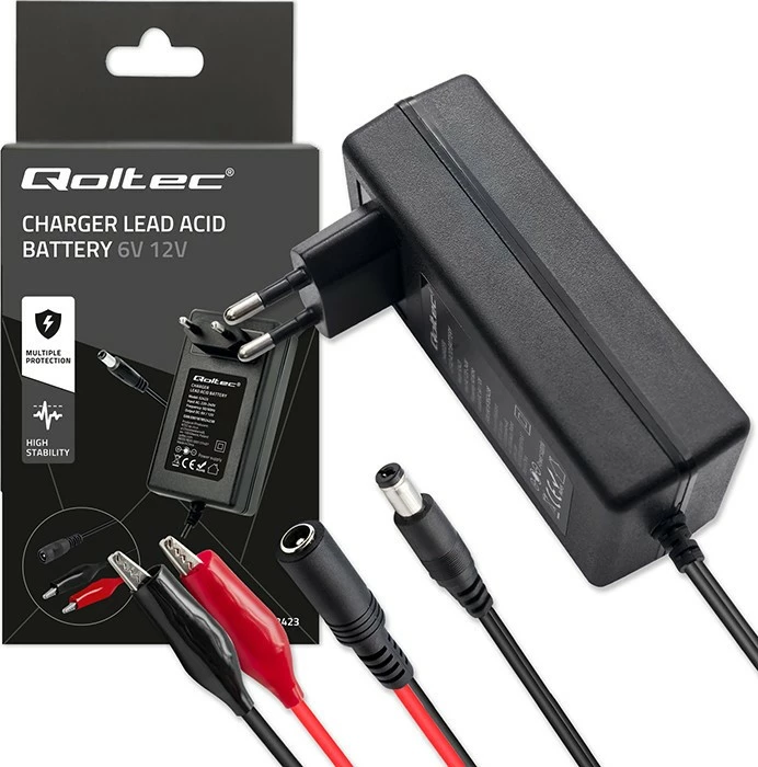 Avtomatski polnilec baterije Qoltec 52423, 6V/12V, 1.5A, z LED, črn