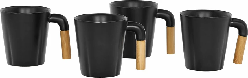 Set 4 skodelic iz črnega porcelana z bambusovim ročajem, 13x23x9 cm, Nordic
