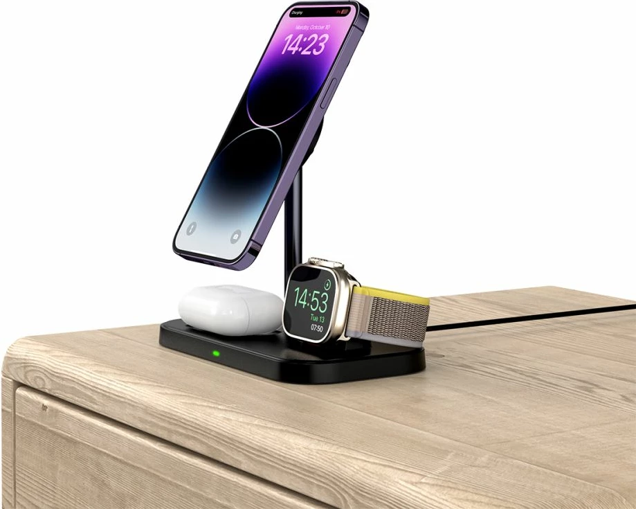 Indukcijski polnilnik 3-v-1 z MagSafe Tech-Protect QI15W-A22, za pametni telefon, Apple Watch in AirPods, črn