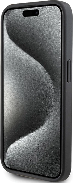 Ovitek z režo za kartice Karl Lagerfeld Saffiano, Karl&Choupette kovinska značka za iPhone 15 Pro, črn