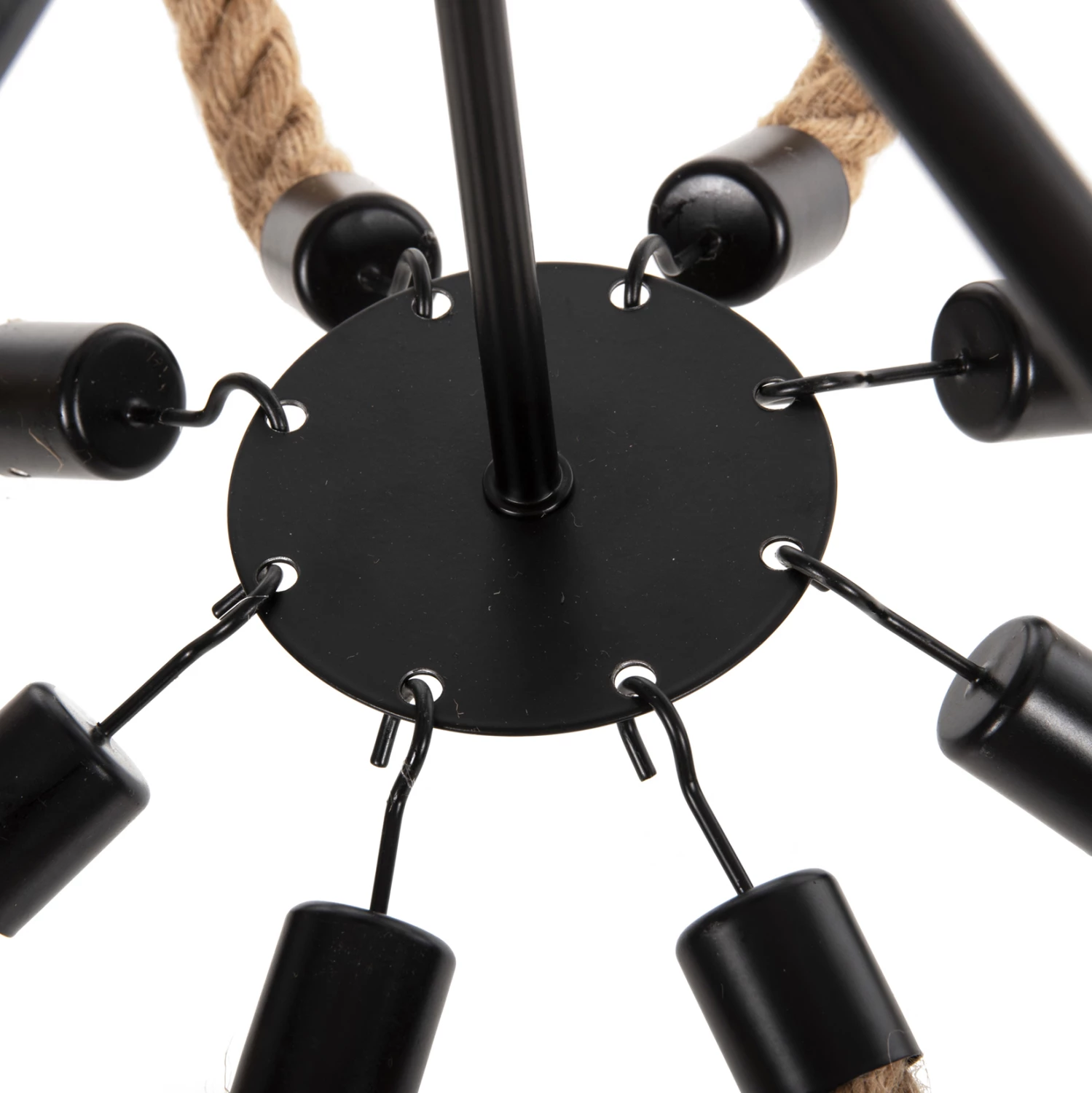 Stropna viseča svetilka z 8 lučmi FH4178 vrv in črna kovina 84x84x121Hcm