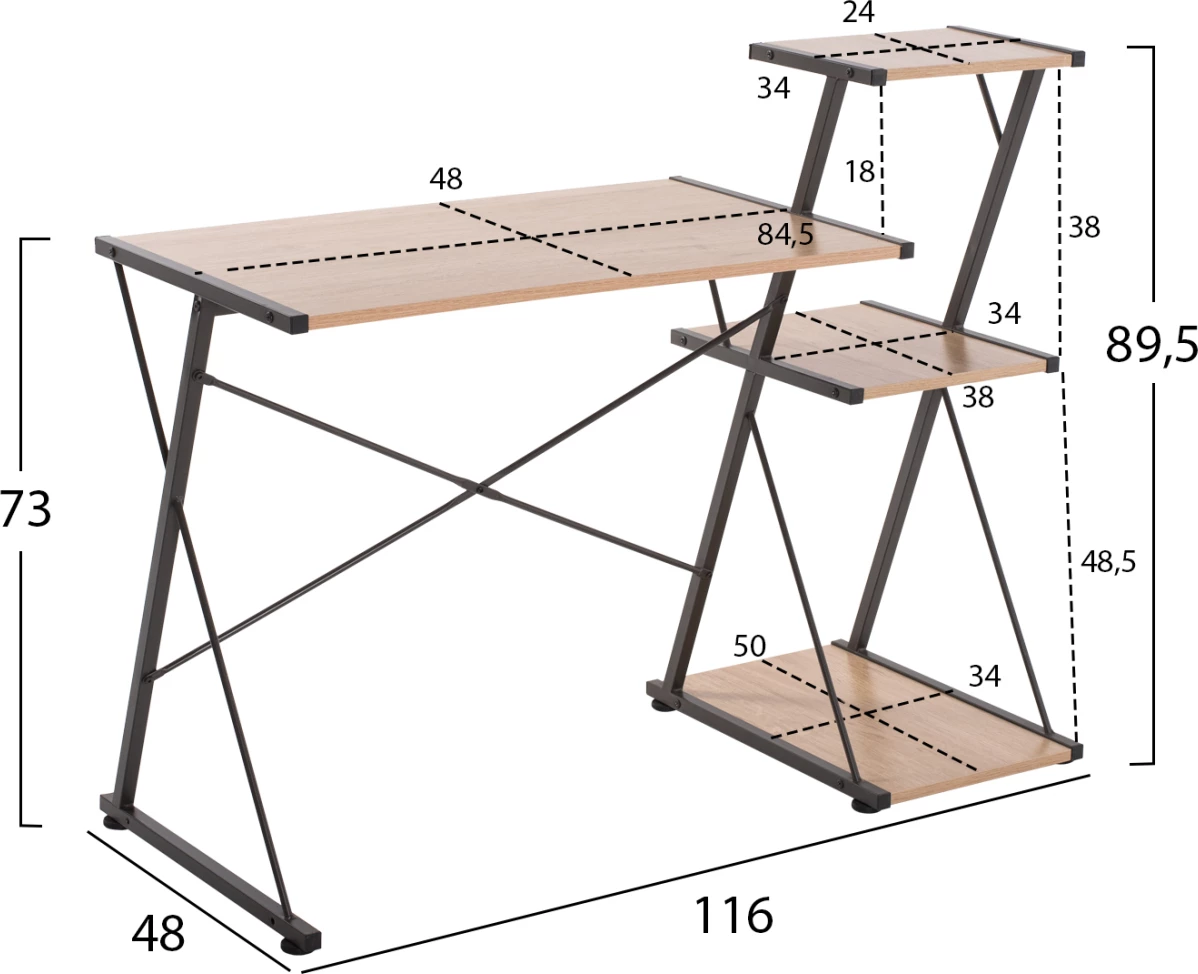Pisalna miza FH9317 kovinsko črna z MDF namizjem v barvi hrasta 116X48X89,5Hcm