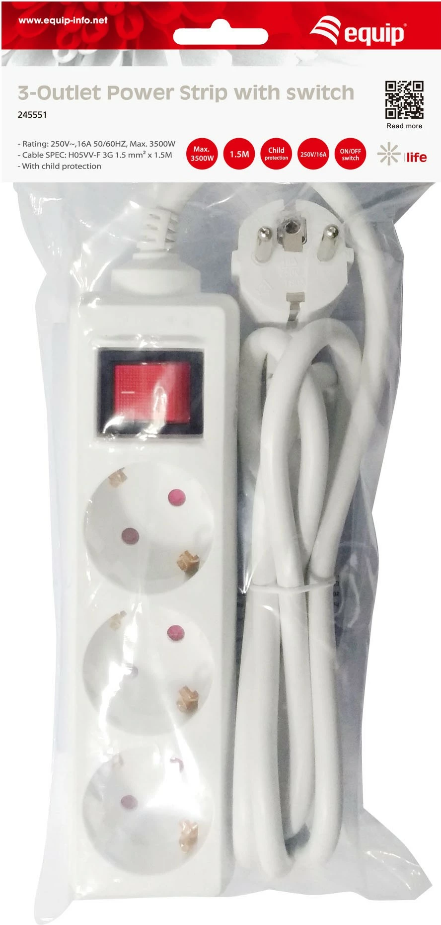 Razdelilnik električnega toka 3 vtičnice, 1,5 m, plastika, bel Equip 245551