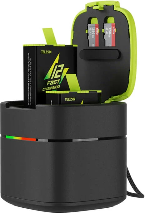 Dvojni polnilnik za baterije Telesin FCC-001 za GoPro Hero 9/10/11/12, hitro polnjenje, črn