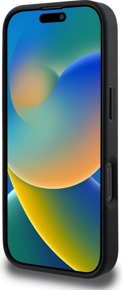 Ovitek Hot Stamp 4G z vzorcem trikotnika in metalnim logotipom Guess za iPhone 16 Pro, črn