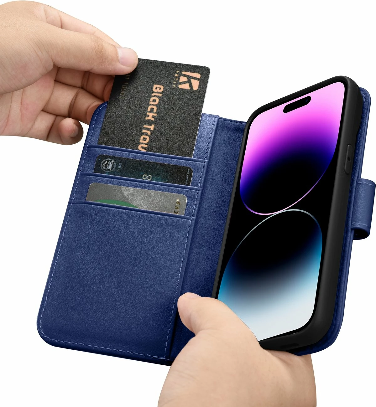 Ovitek za telefon 2-v-1 z denarnico, naravno usnje, Anti-RFID, modra, iCarer Wallet Case za iPhone 14 Pro