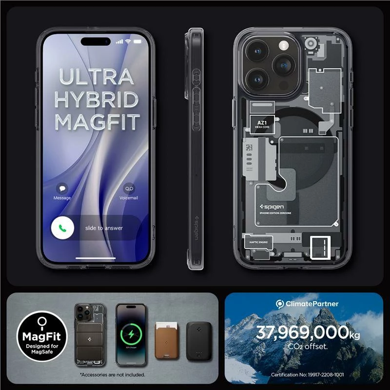 Prozoren zaščitni ovoj z magnetom Spigen Ultra Hybrid Mag za iPhone 15 Pro, MagSafe, Zero One, prozorno/siv