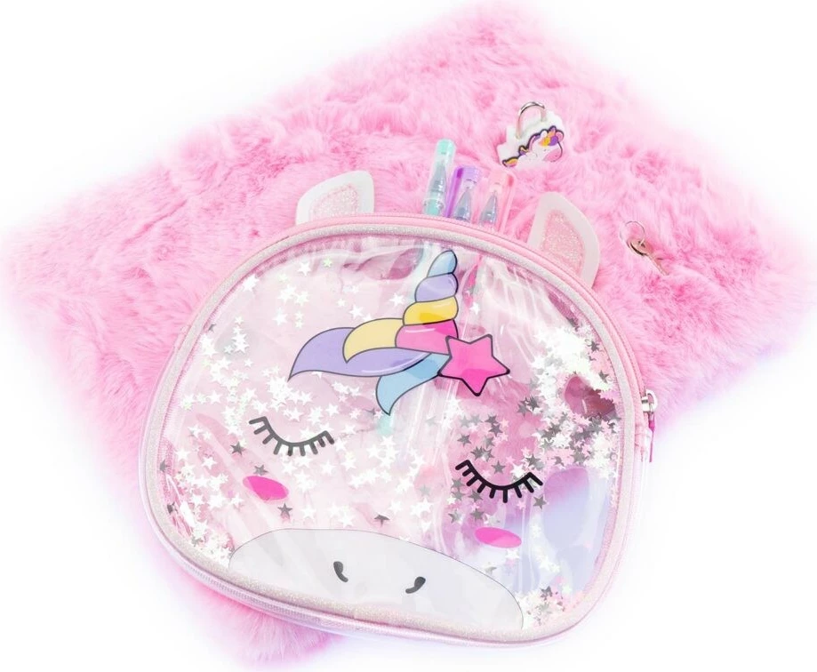 Maxi planer z motivom samoroga, ločljiva kozmetična torbica, 3 barvna pisala, rožnat Nice