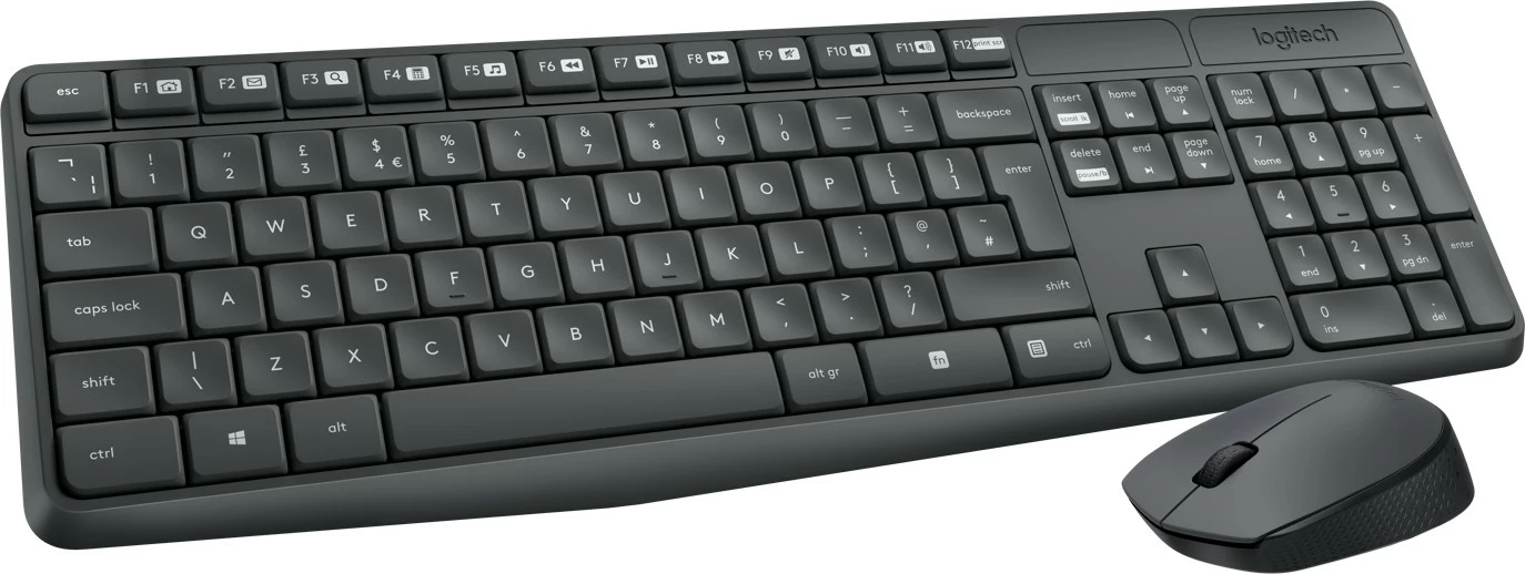 Brezžična tipkovnica in miška Logitech MK235, polna velikost, QWERTY, sivi, miška vključena