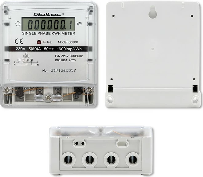 Enofazni števec električne energije Qoltec 50888, LCD, 230 V, siv