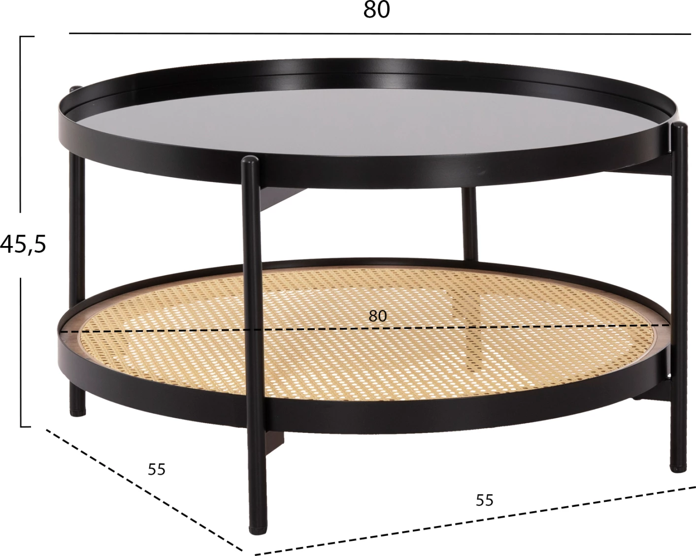 Klubska miza SEITZ FH18030 steklena plošča-kovina-ratan v naravni barvi Φ80x45Hcm