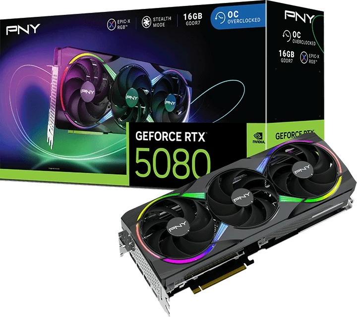 Grafična kartica PNY GeForce RTX 5080, 16 GB, GDDR7, PCI Express x16 5.0, večkratna