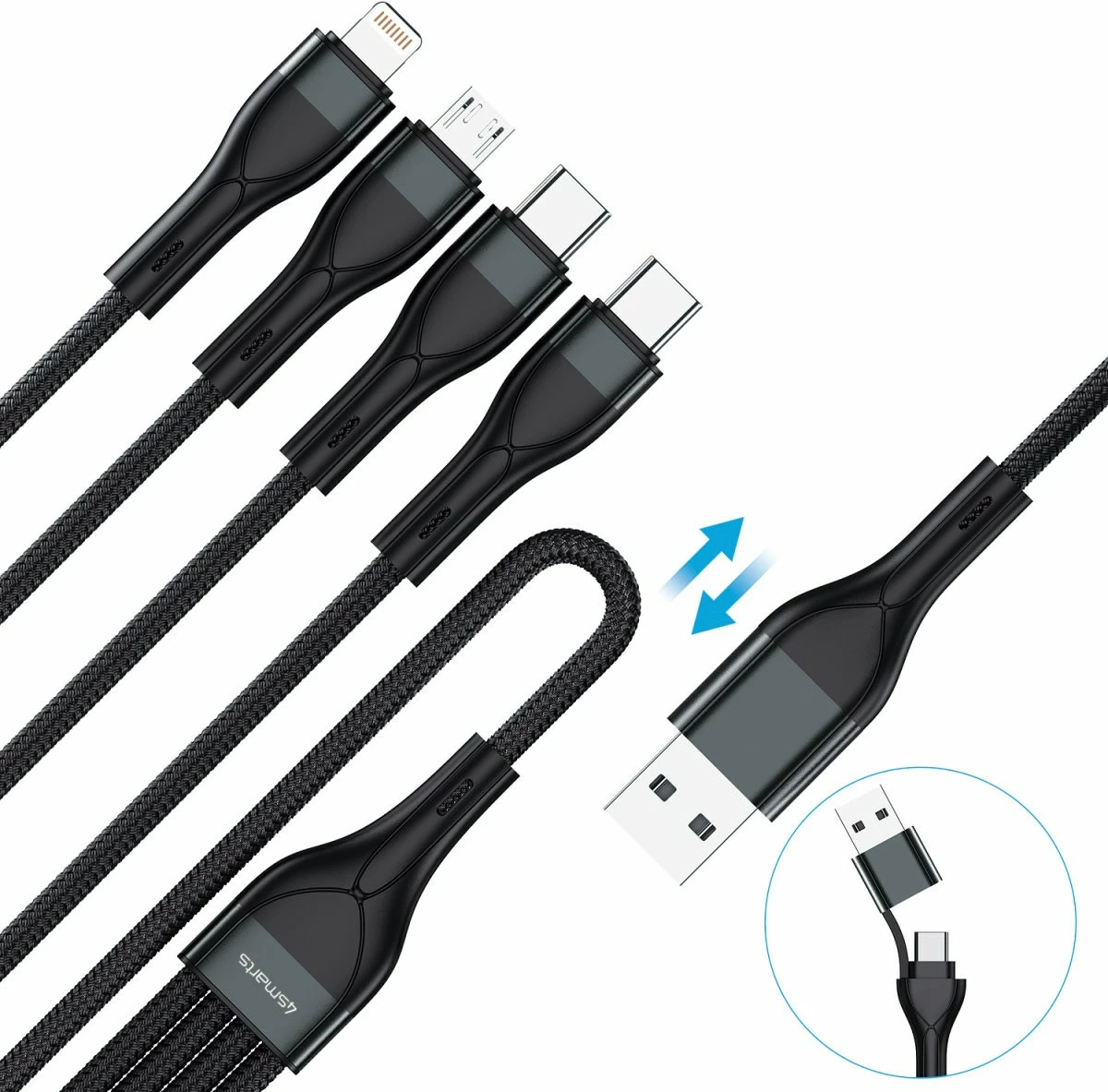 Večnamenski kabel za polnjenje 4smarts 541023, 1,2 m, USB A/USB C, USB C/Micro USB-A/Lightning, črn