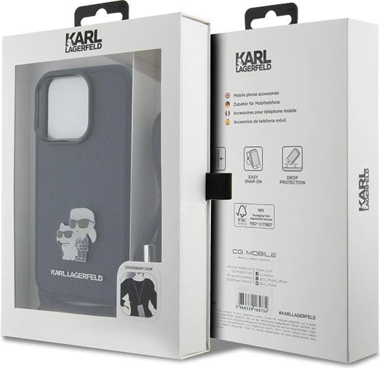 Ovitek za telefon Crossbody Saffiano z metalnim znakom Karl & Choupette za iPhone 15 Pro, črn Karl Lagerfeld