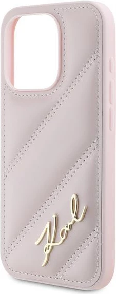 Diagonalno prešit ovitek Karl Lagerfeld Script za iPhone 15 Pro Max, roza