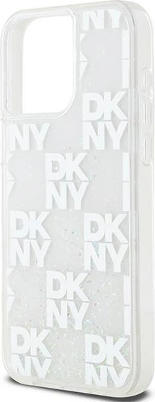Ovitek z tekočim bleščicami DKNY Multilogo za iPhone 15 Pro Max, bel
