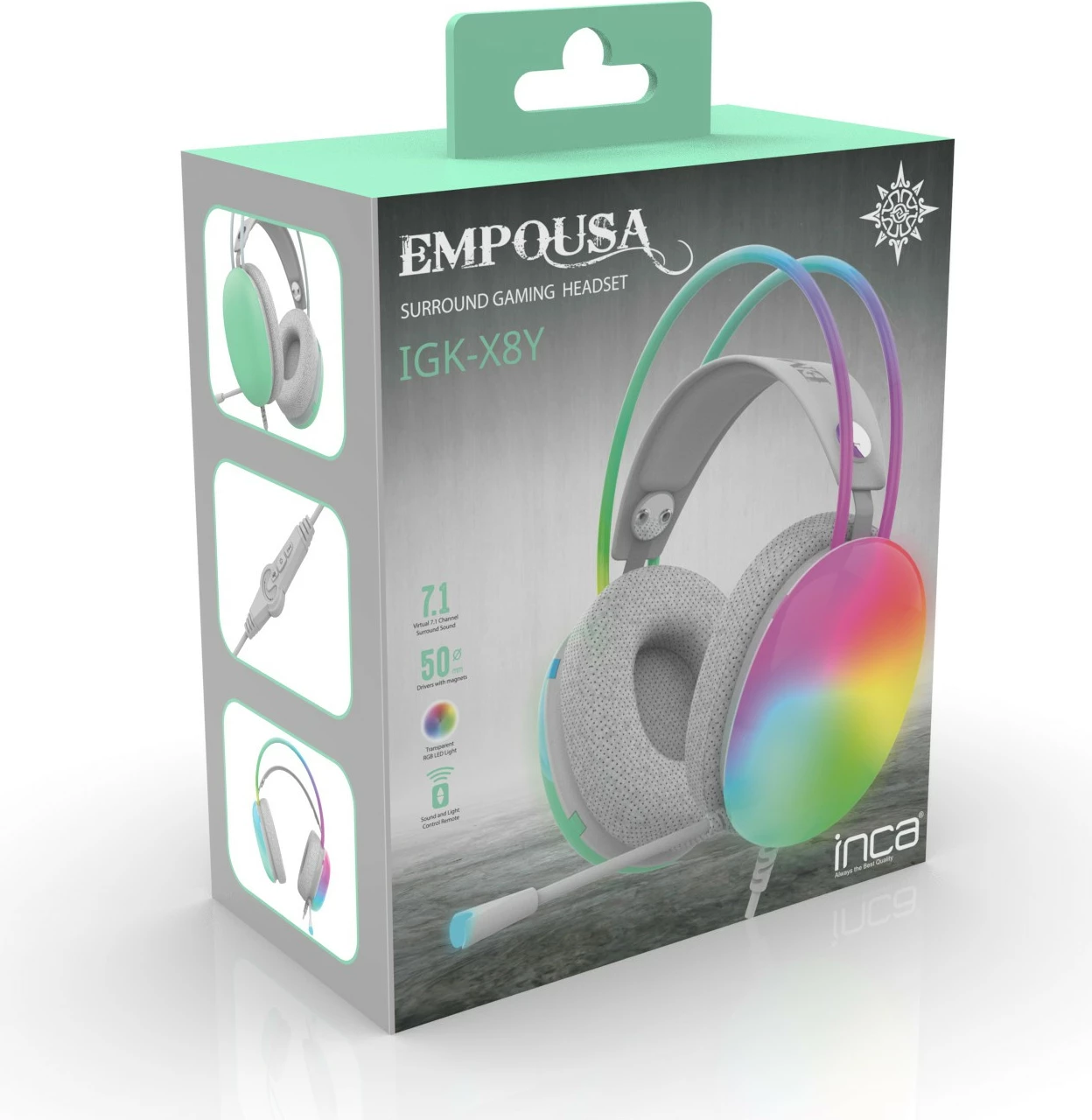 Gaming slušalke Inca IGK-X8Y 7.1, USB, RGB-LED, mint