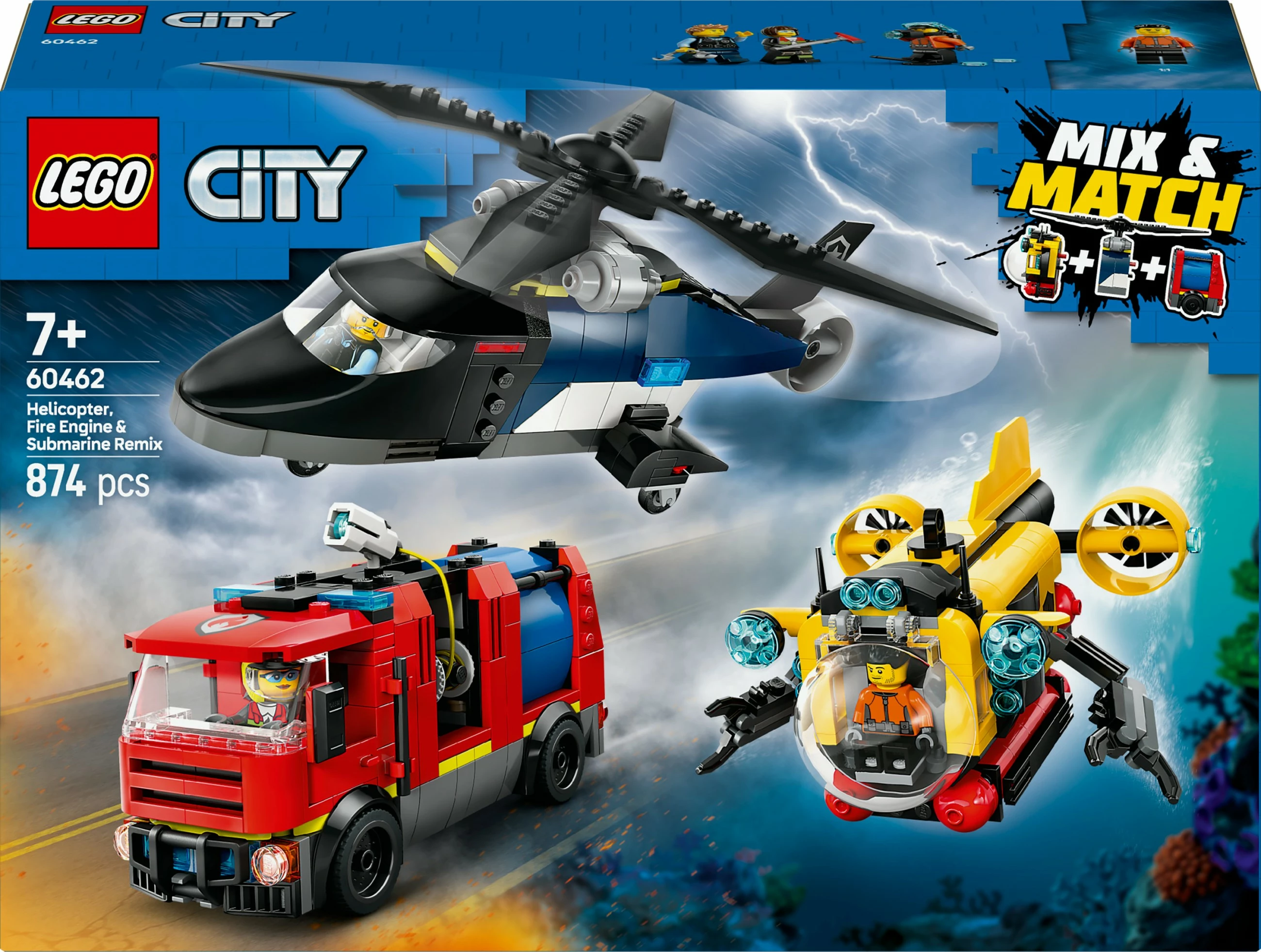 Igriv gradbeni set z 874 kosi, helikopter, gasilsko vozilo, podmornica LEGO City 60462, večbarven