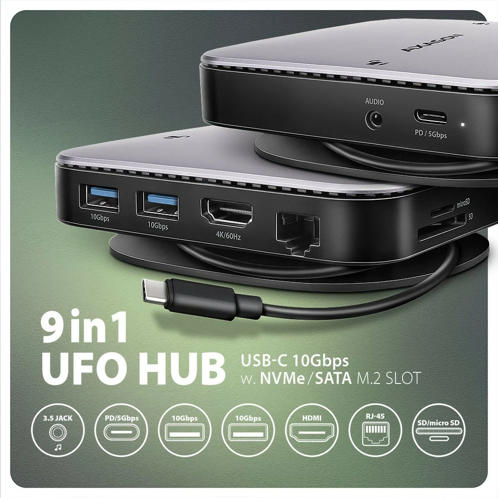 Multiportni USB-C hub, AXAGON HMC-UFO, 9-v-1, 10Gbps, 2x USB-A, HDMI 4K/60Hz, M.2 NVMe/SATA, avdio, PD 100W, SD/microSD, Gigabit Ethernet (RJ-45), 65 cm USB-C kabel, črn/srebrn