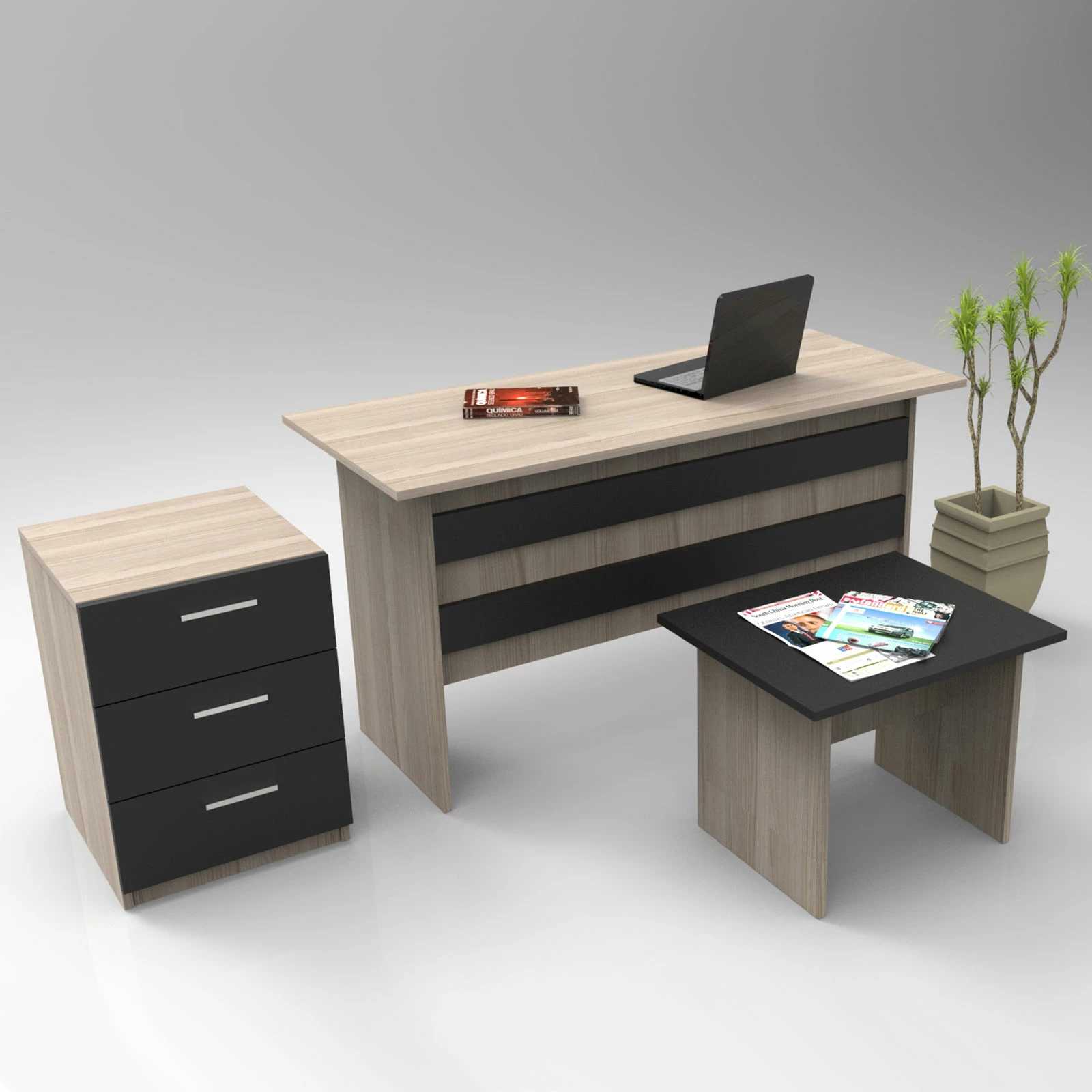 Set pisarniškega pohištva Skye Decor Vo9-Ob, hrast in črn