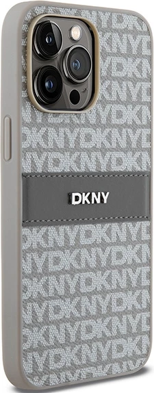 Ovitek Mono Stripe in kovinski logotip za iPhone 14 Pro, DKNY, bež
