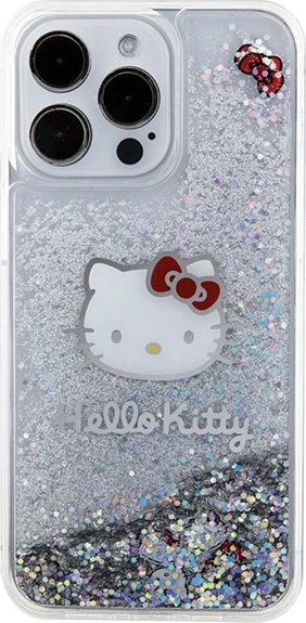 Ovitek za telefon z glavo Hello Kitty in tekočimi bleščicami za iPhone 15 Pro Max, srebrn