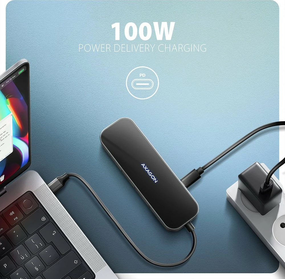 Multiportni USB-C hub 6-v-1, 5Gbps, 2x USB-A, 1x USB-C, GLAN, HDMI 4K/60Hz, PD 100W, 20 cm, črn/srebrn — AXAGON HMC-6GLN