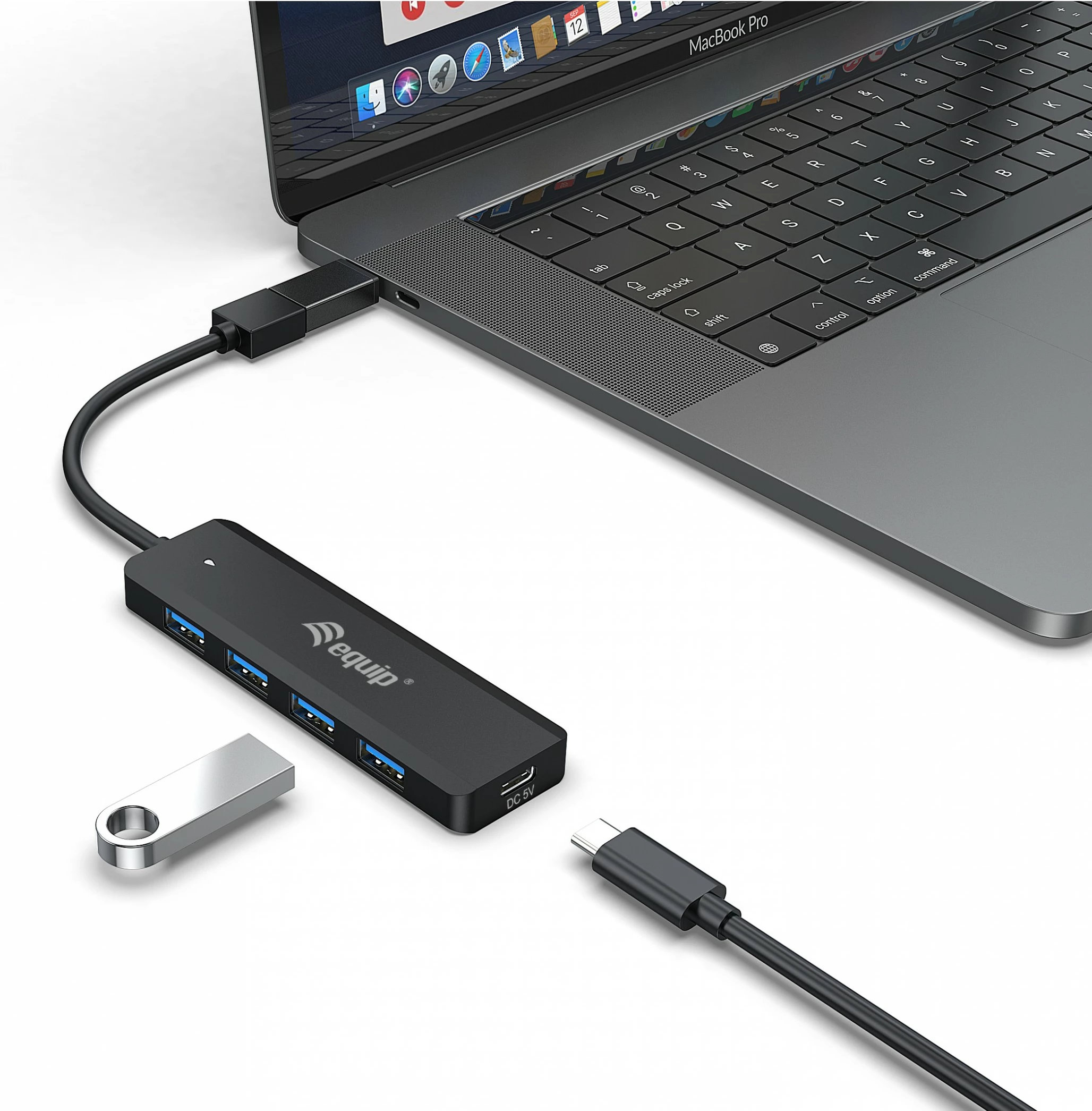 USB hub zunanji z USB-C adapterjem Equip, 4 vrata 3.2, 5 Gbps, črn