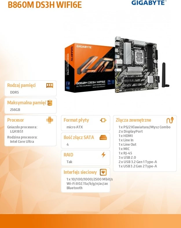 Matična plošča Gigabyte B860M DS3H WIFI6E, micro ATX, LGA1851, Wi‑Fi 6E
