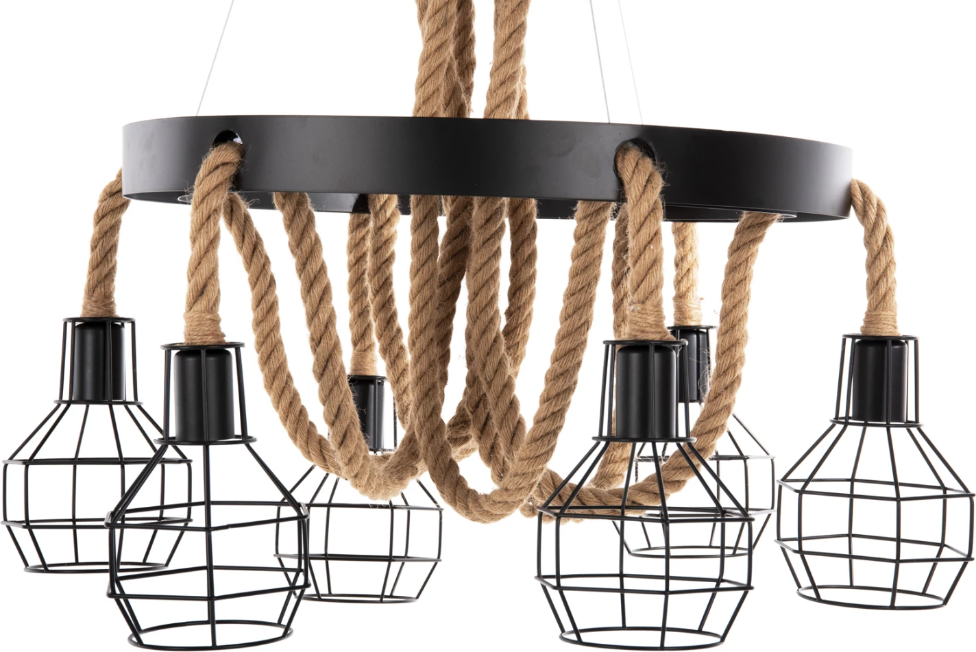 Stropna viseča svetilka FH4130 6-delna črna kovina-vrv Φ54-60x125Hcm