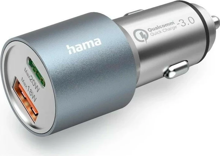 Avtomobilski polnilec 38W, Hama, 1x PD USB-C, 1x QC USB-A, srebrn