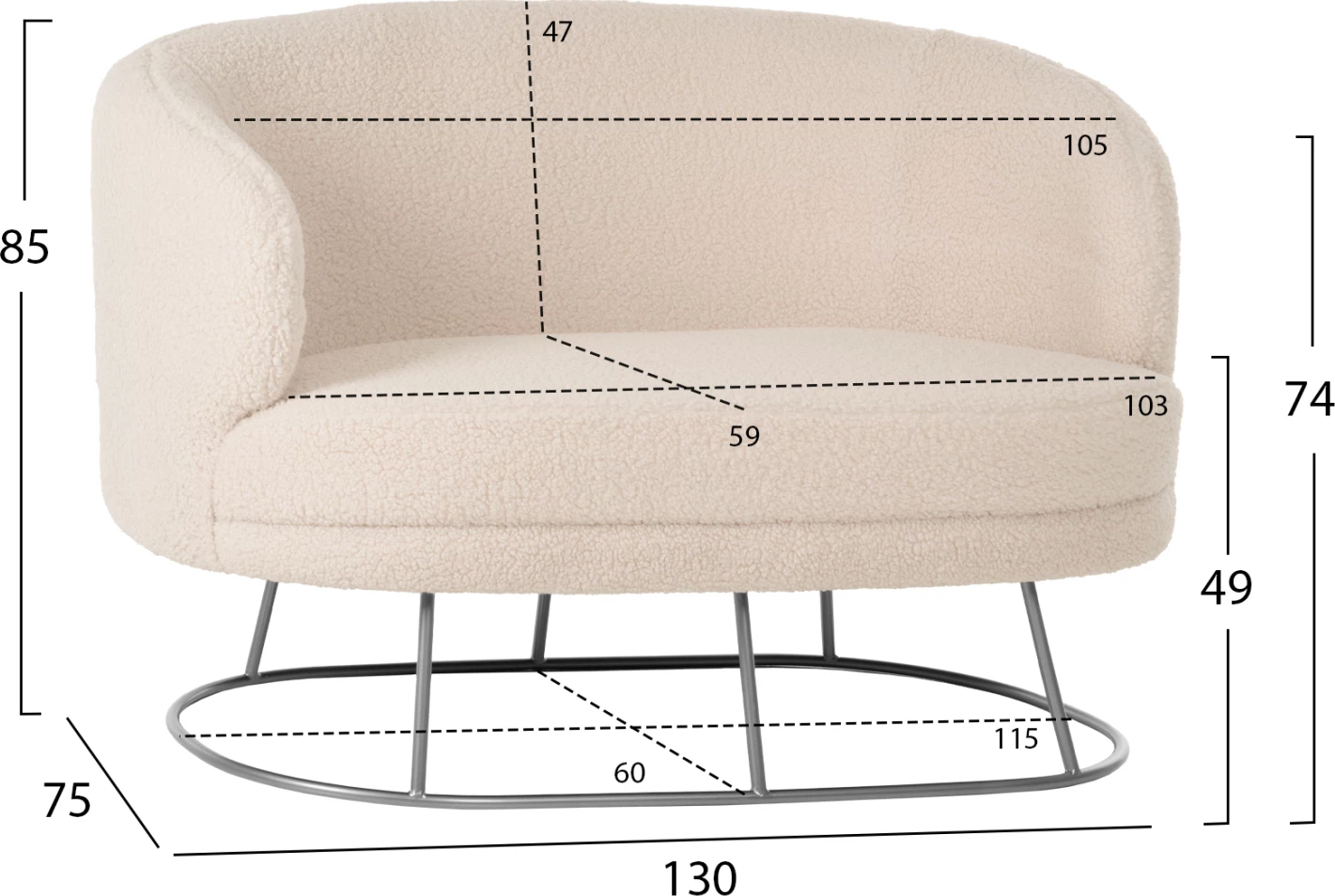Dvosedna sedežna garnitura ARIEN FH8492.23 iz bele boucle tkanine in s srebrno kovinsko osnovo 130x75x85H cm