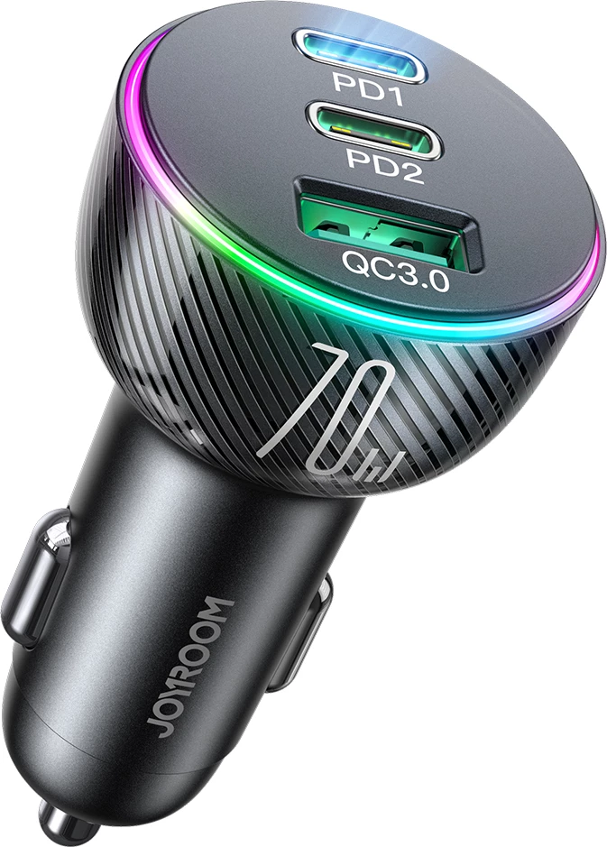 Hiter avto polnilec, Joyroom JR-CL26, 70W, 3 vhodne vtičnice (USB, 2x USB-C), črn