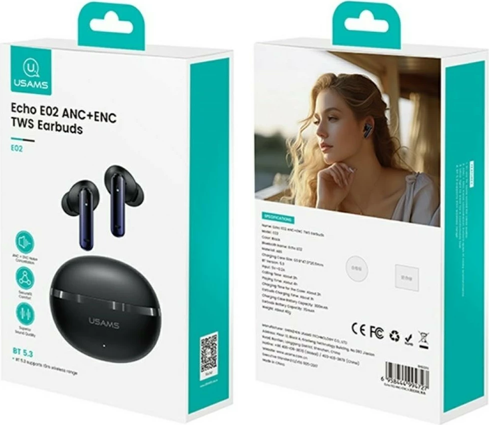 Brezžične TWS slušalke E02 USAMS Echo, Bluetooth 5.3, ANC+ENC, do 29 ur s polnilno škatlico, USB-C, črne