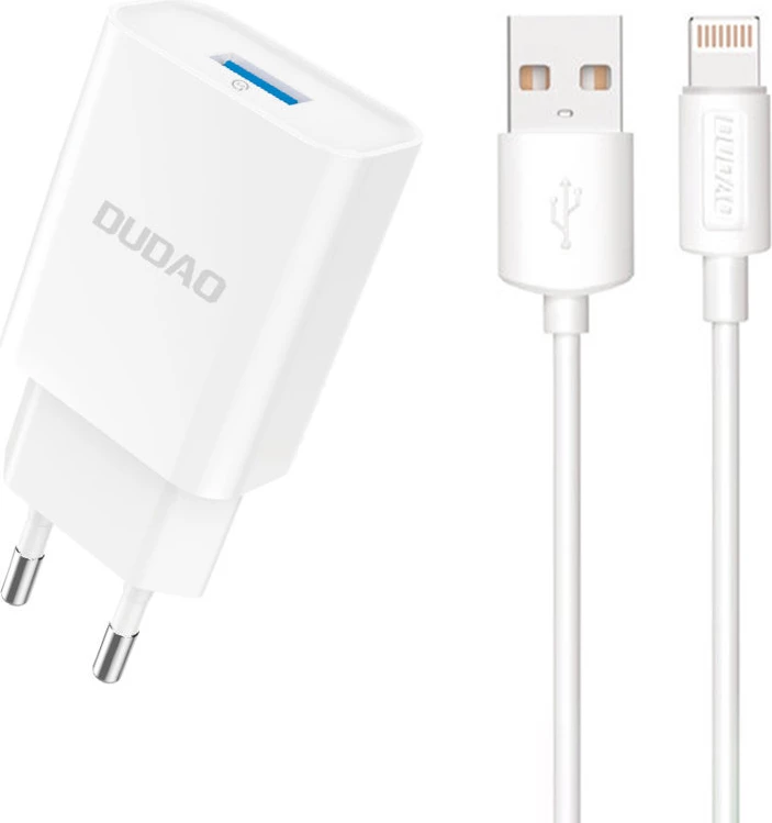 Stenski polnilec Dudao A4EU, USB-A 2,1A, z USB-A v Lightning kablom, bel