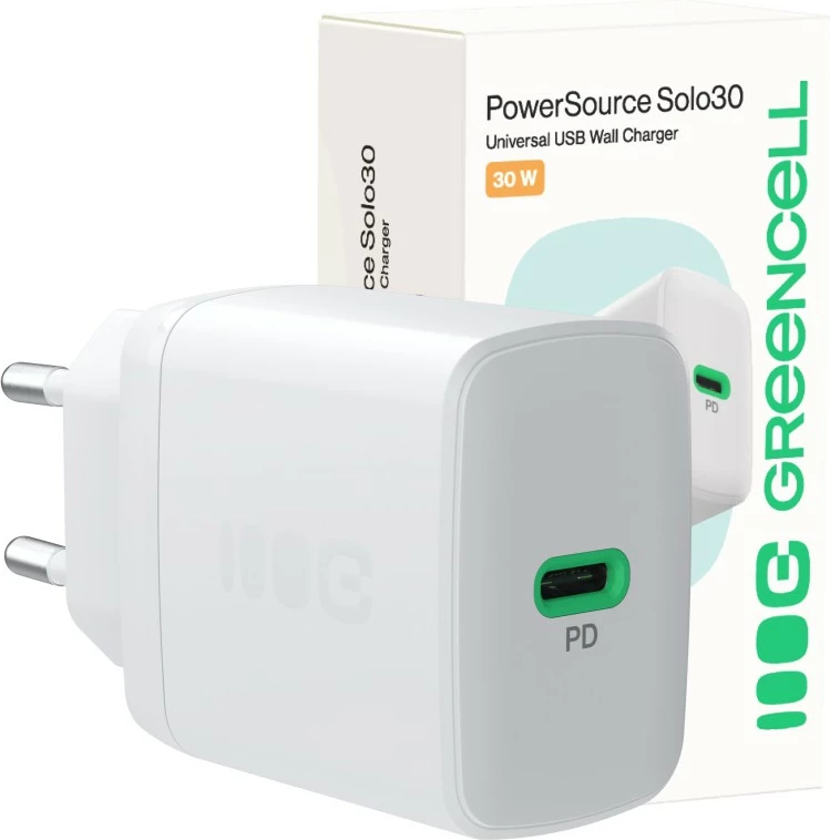 Stenski polnilec USB-C 30 W PD, 1x USB-C, Green Cell PowerSource Solo30 CHARB-GC-30C-W, bel
