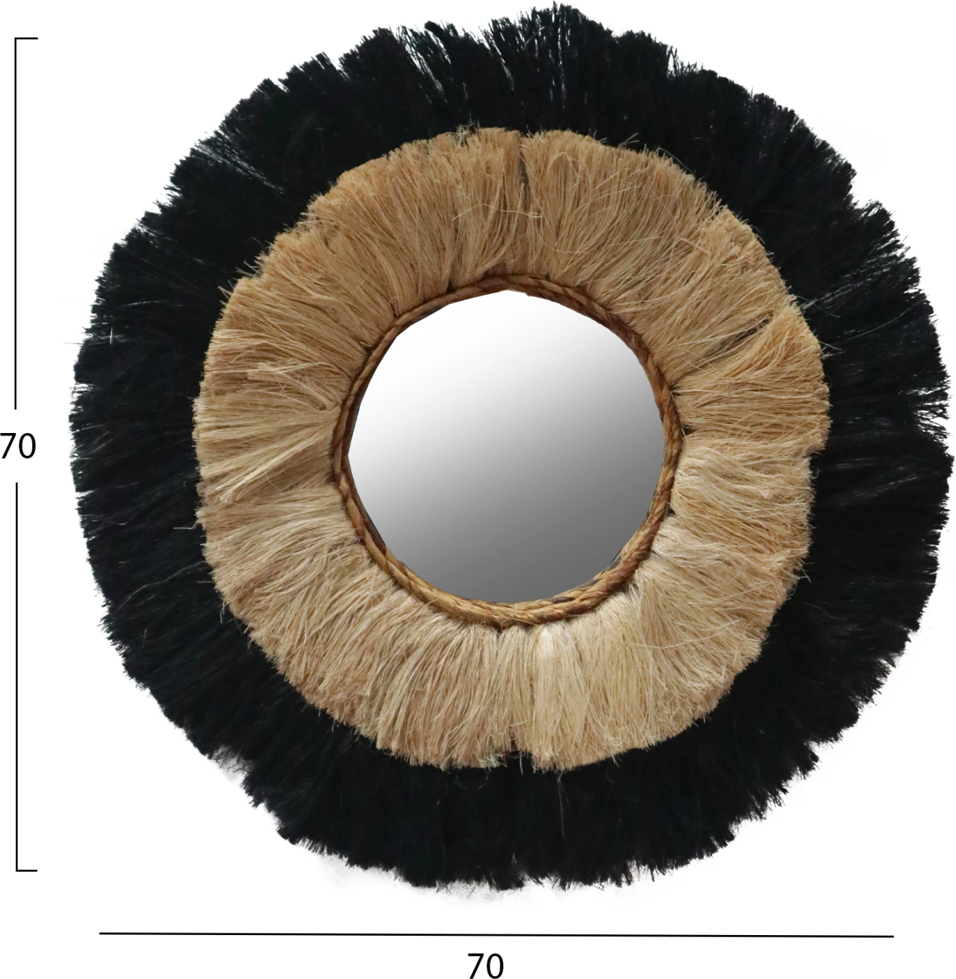 Okroglo ogledalo iz abaka vlaken v naravni in črni barvi 70x4x70Hcm.FH7737