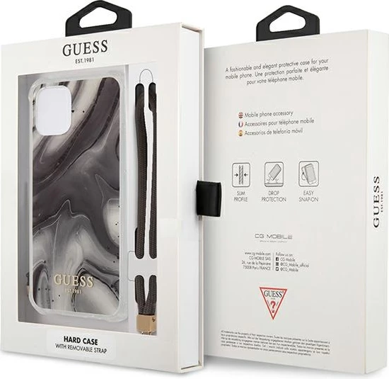 Ovitek Marble Collection za iPhone 12 Pro Max 6,7", Guess GUHCP12LKSMAGR, siva z vrvico
