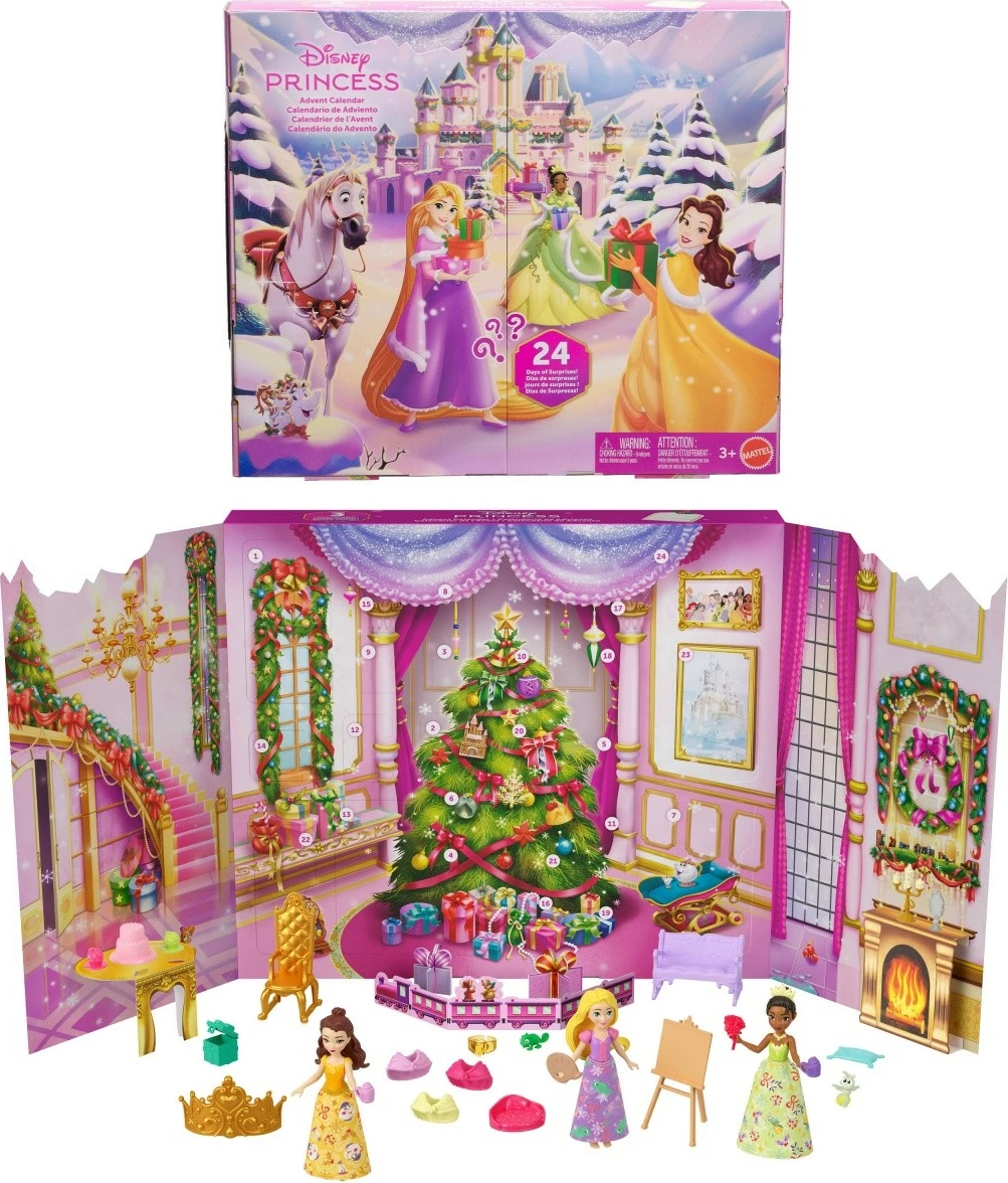 Adventni koledar, Disney Princess Mattel JFG79, komplet s 3 princeskami in 22 dodatki, večbarven