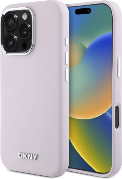 Ovitek iz tekočega silicija DKNY z majhnim kovinskim logotipom MagSafe za iPhone 16 Pro, rožnat