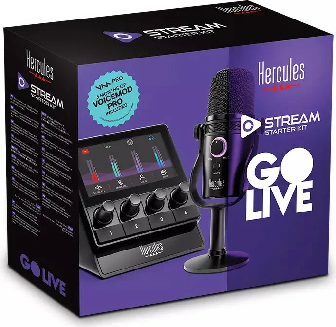 Set za pretakanje Hercules Stream Starter Kit, kardioidni mikrofon, avdio krmilnik, USB, črn