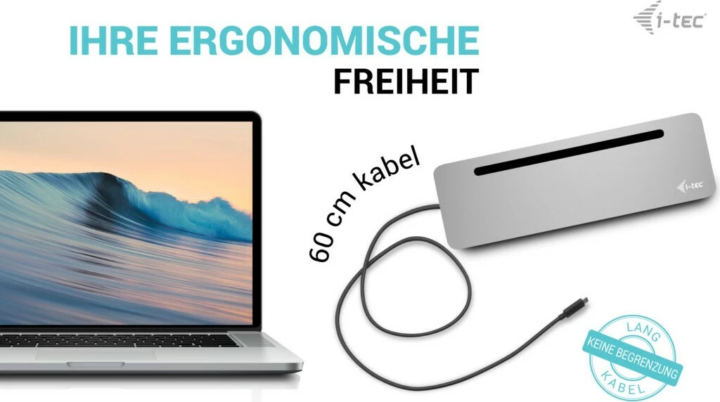 Ergonomska kovinska docking postaja I-Tec USB-C 3x 4K, 100W, srebrna