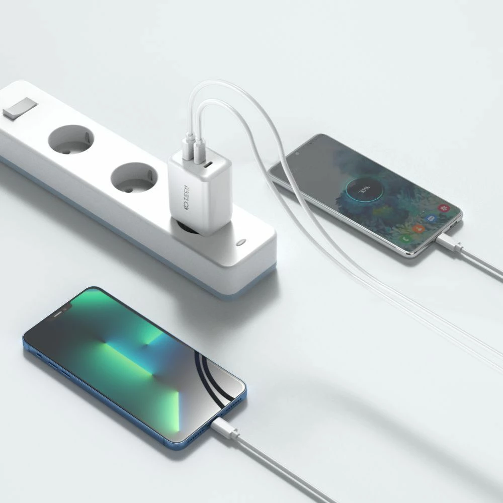 Omrežni polnilec 2x USB-C PD 65W / USB-A QC 3.0, Tech-Protect C65W, bel