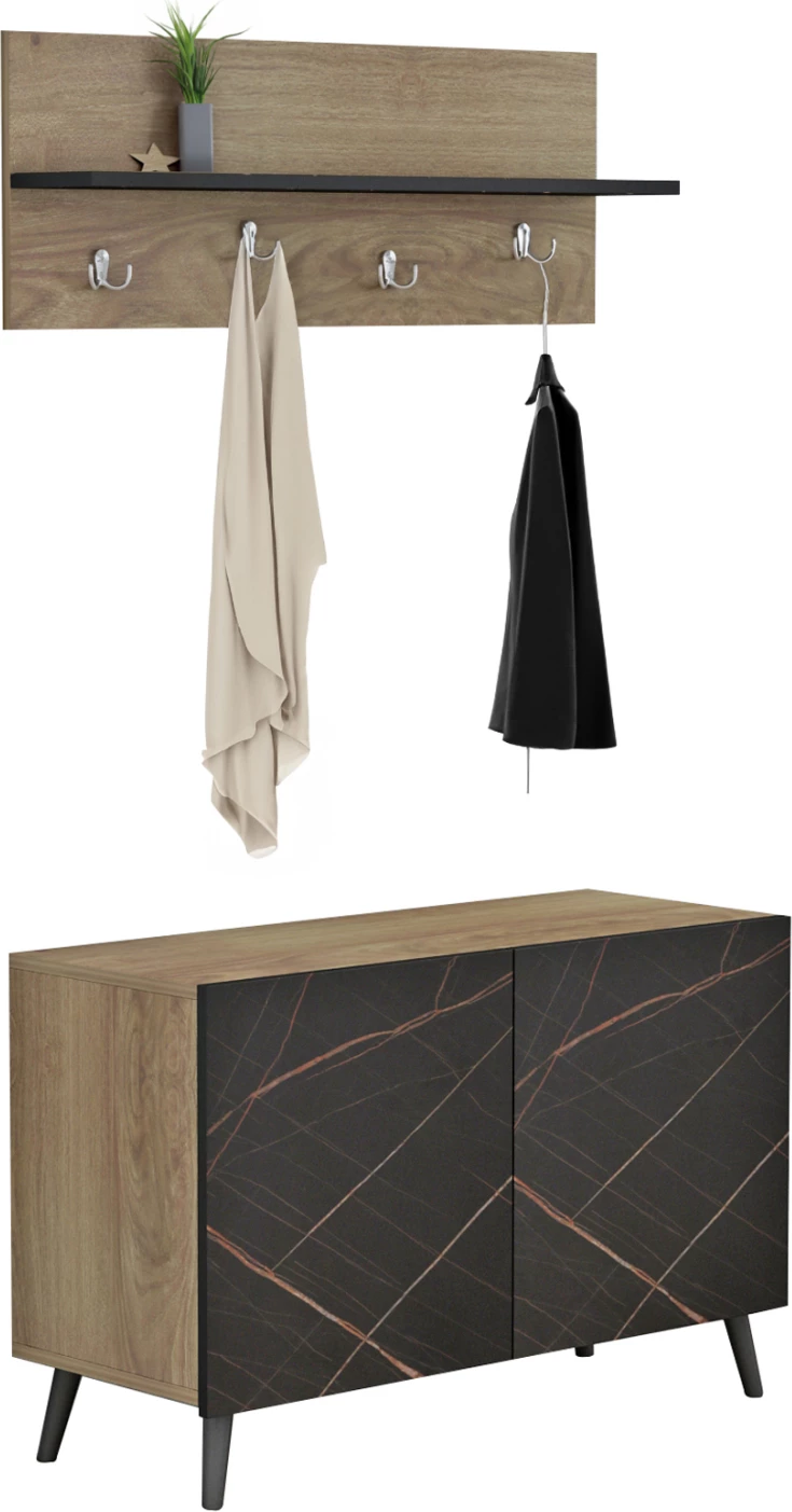 Komplet pohištva za predsobo DELPHINE FH8876.12 melamin v črnem marmorju-naravnem lesu 80x31,3x41,5Hcm